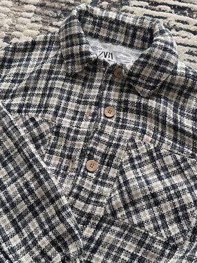 Zara Black & Cream Plaid Tweed Button Jacket